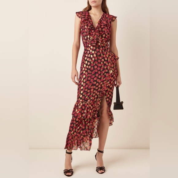 SALONI Printed Anita Dress in Red/Black/Gold Burnout Ruffle Size 2 - Picture 5 of 12